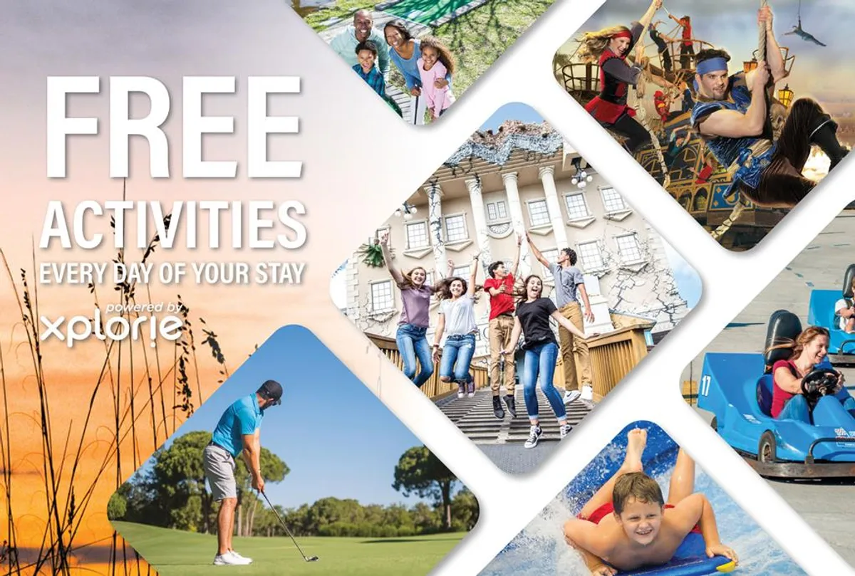 A lively resort scene with families enjoying outdoor activities: golfing, water sports, and rides. The image is dynamic, filled with movement and joyful expressions, suggesting a wealth of included attractions and adventures.